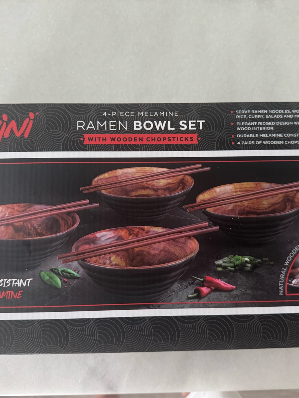 Parini 4 Piece Melamine Ramen Bowl Set with Wooden Chopsticks NEW in Box